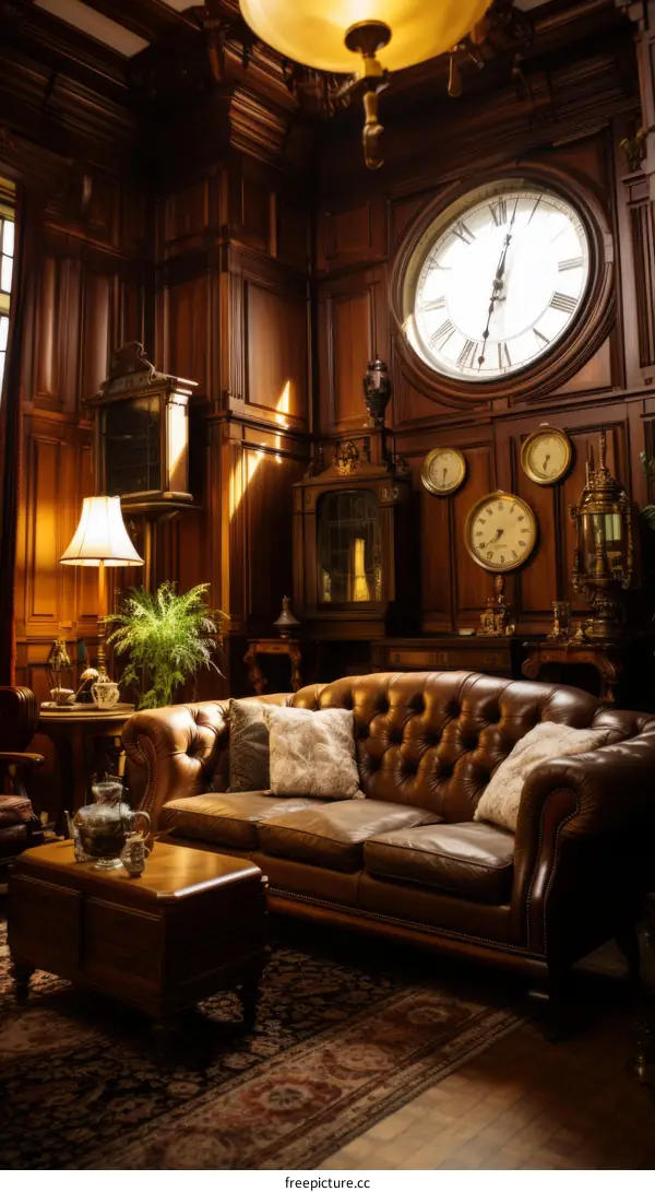 luxurious vintage living room with leather sofa and wooden wall