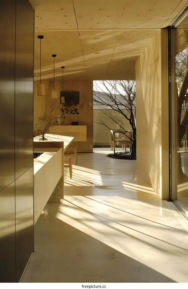 Modern Minimalist Kitchen Interior Design with Wooden Walls and Sunbeams