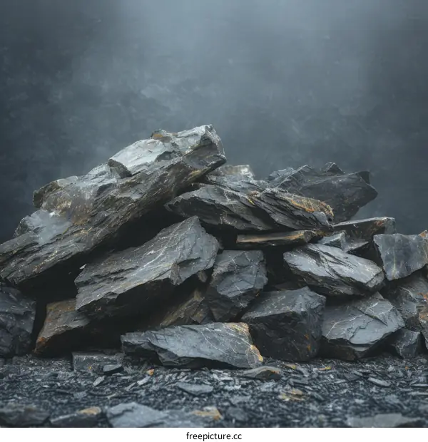 Black rough stones of various sizes lie in a pile on a dark background