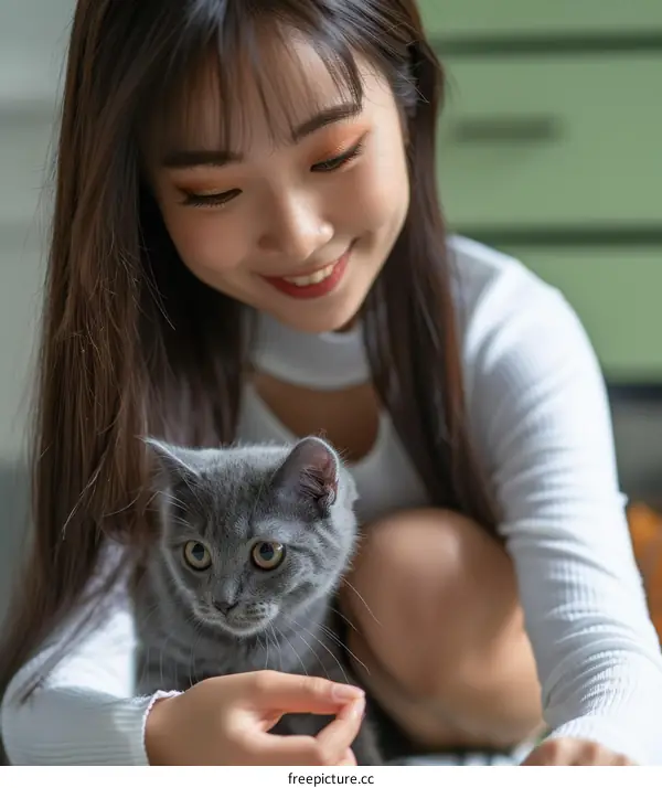 A young woman is playing with a gray cat
