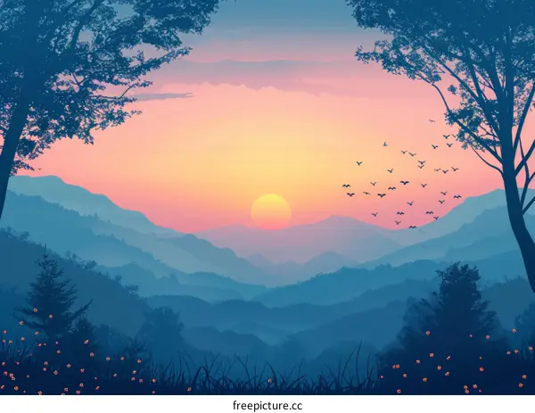 Sunset Birdscape: A Flock over Forest and Mountains