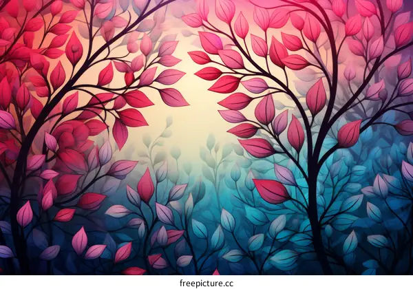 vibrant colorful artistic pink blue leaves branches forest