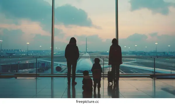 Family of four at the airport looking at airplanes