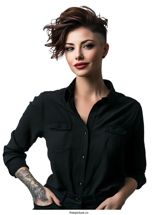 [Transparent Background PNG]Portrait of a Young Woman With Short Hair and a Tattoo on Her Arm