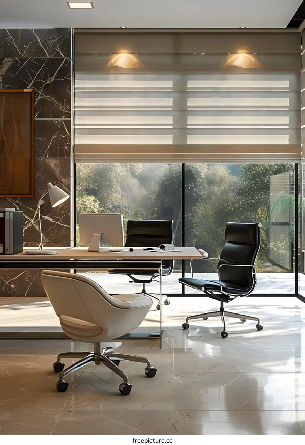 Modern Office Interior Design with Glass Desk and White Leather Chair