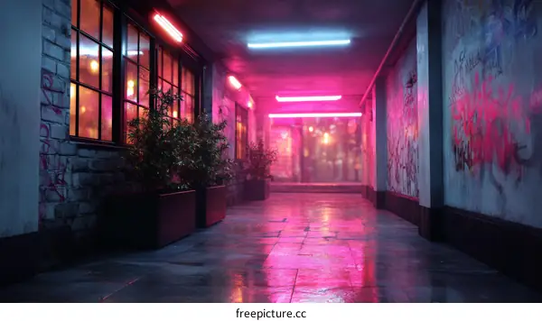 Neon Alleyway at Night with Graffiti