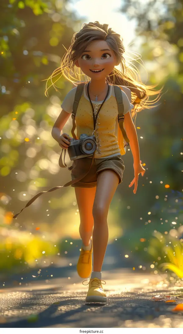 A young girl with a camera running through a forest