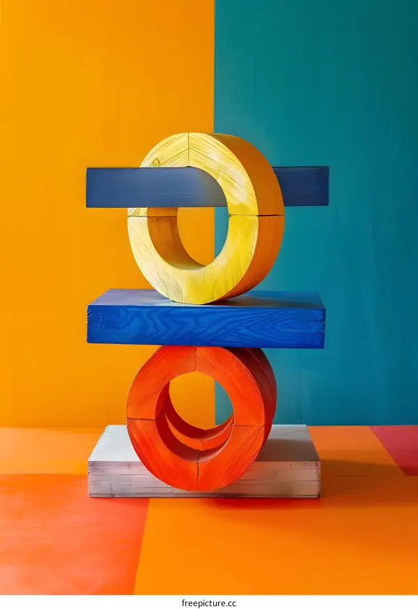 Colorful wooden shapes stacked together