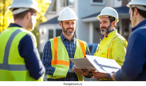 Construction Workers Discussing Plans Outdoors