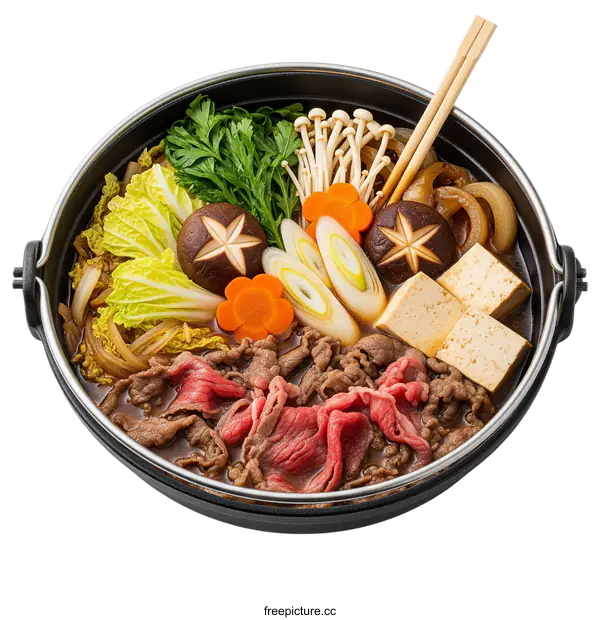 [Transparent Background PNG]A pot of delicious hot pot with various ingredients including meat and vegetables