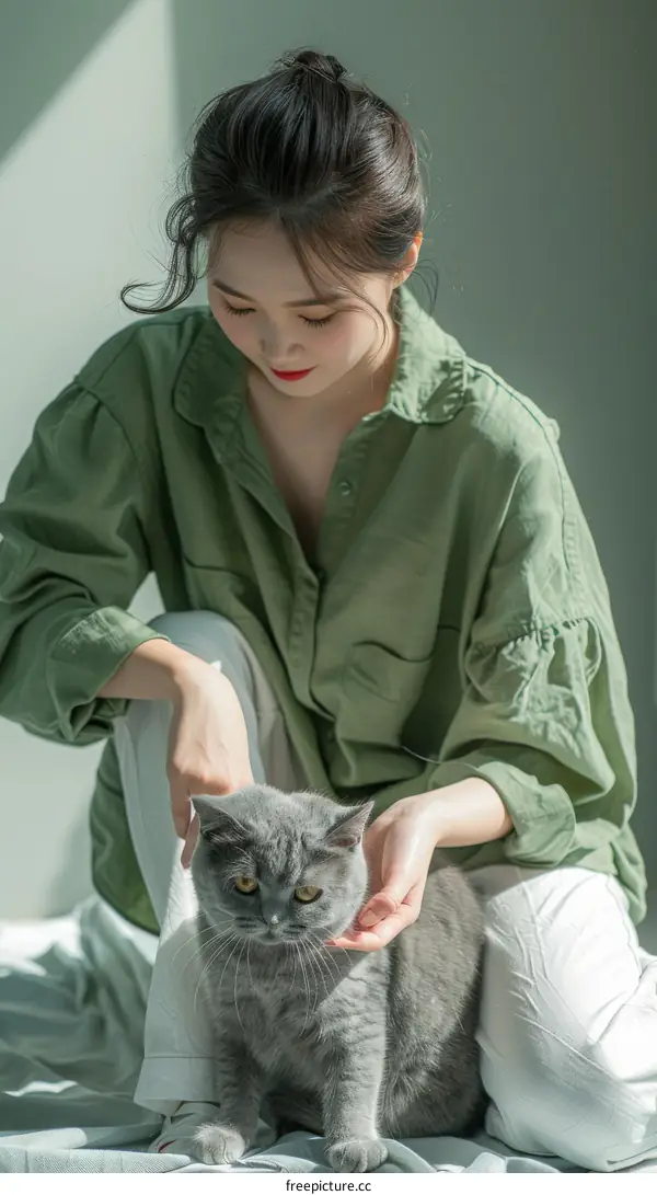 A young woman is petting a gray cat