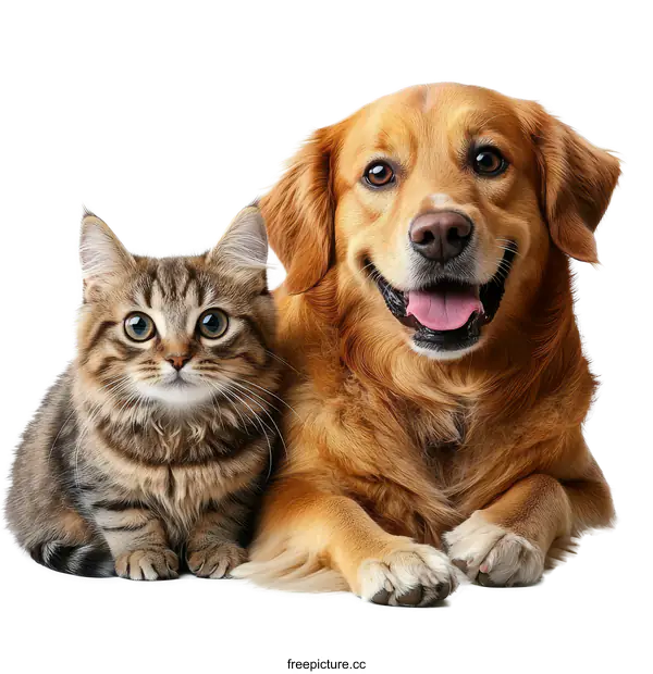 [Transparent Background PNG]Friendly Golden Retriever and Kitten Pet Portrait
