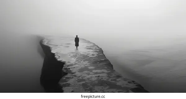 Black and white photo of a person walking alone on a pier into the fog