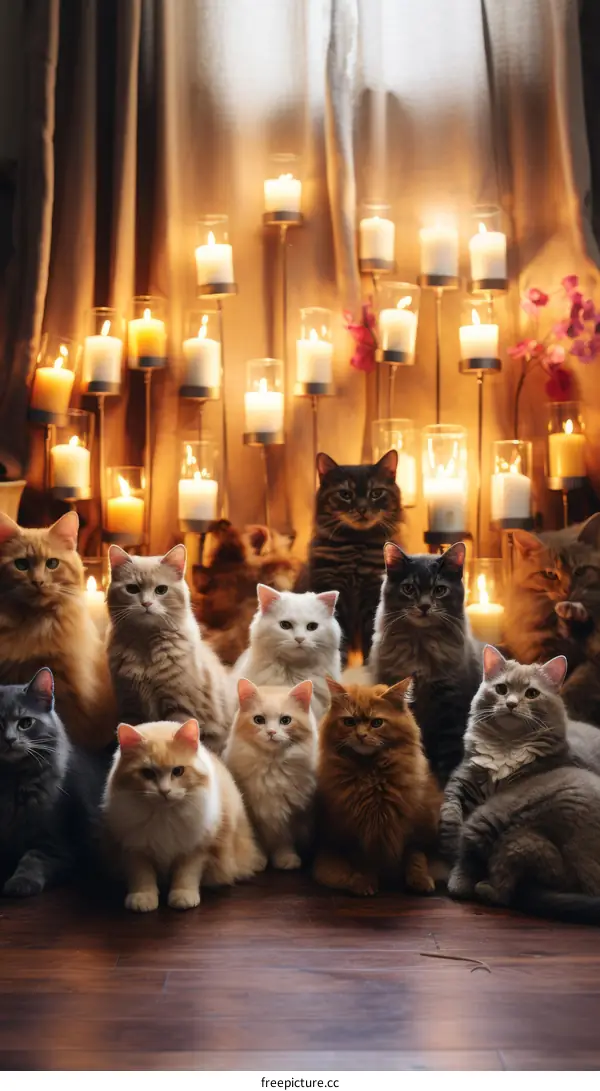 A group of cats sitting in front of a curtain with candles