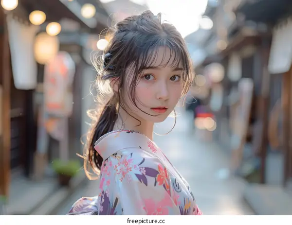 Asian Girl in Traditional Japanese Kimono