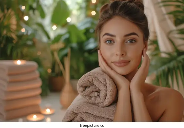 Young caucasian woman with brown hair and blue eyes holding a towel and smiling