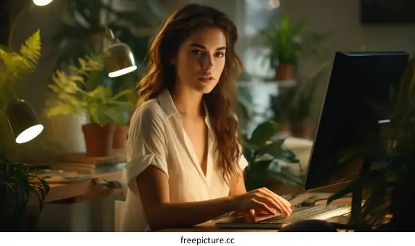 A young woman is working on her computer in a home office.