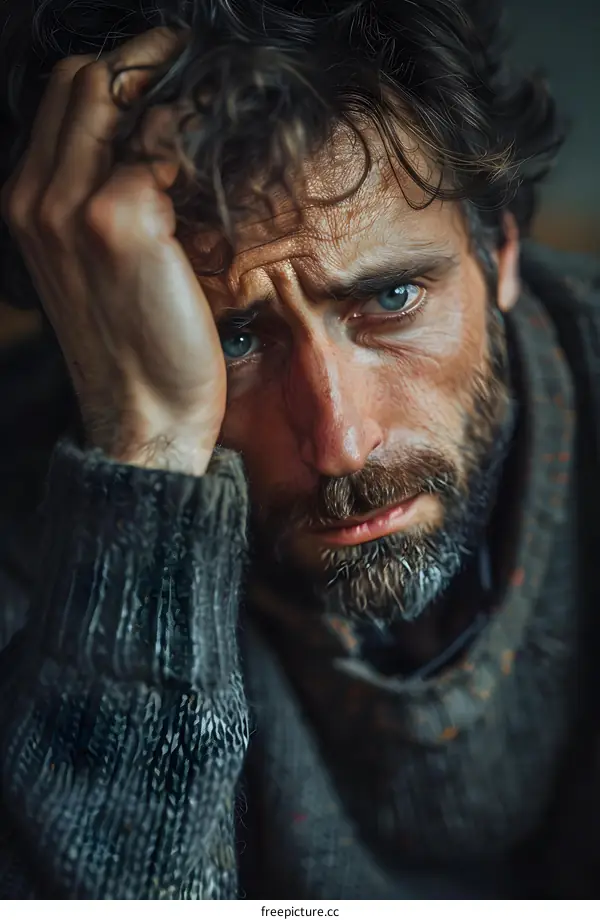 Portrait of a Man with Deep Eyes and a Worried Expression
