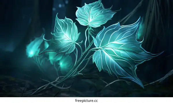 Glowing leaves of a magical plant in the dark forest