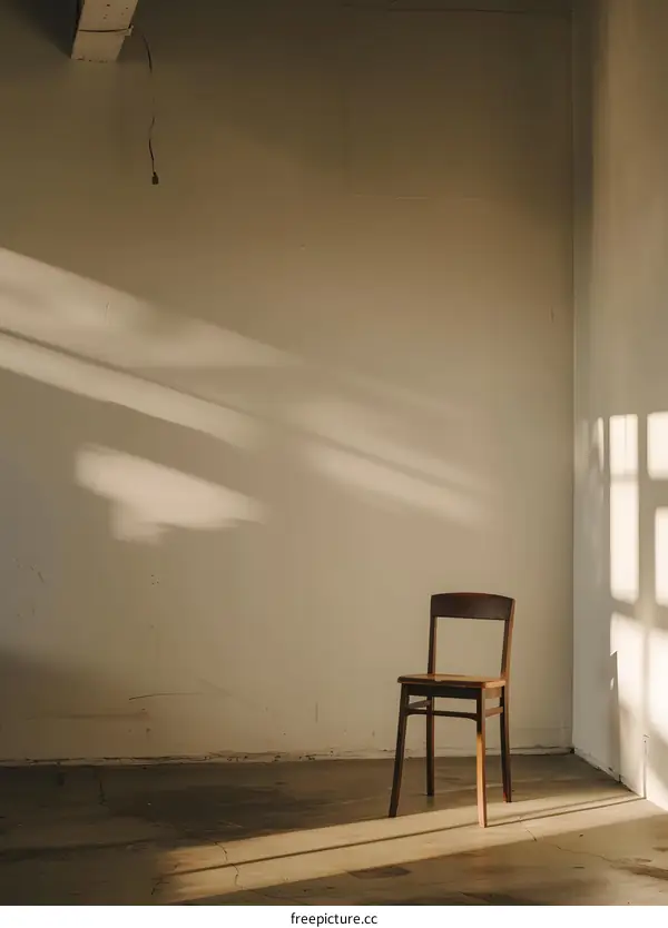 Wooden Chair in Empty Room with Light Streaming Through Window