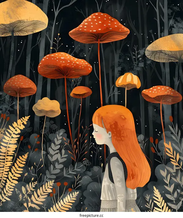 Little Girl in Mushroom Forest Illustration