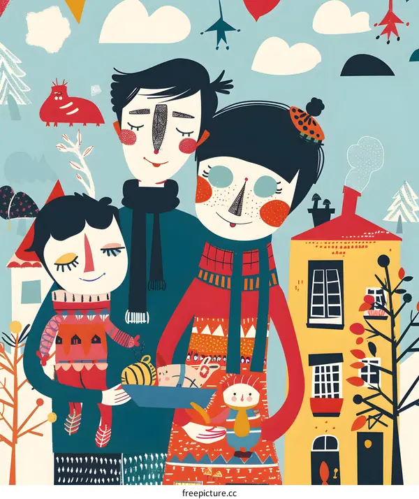Family Illustration With House And Winter Background
