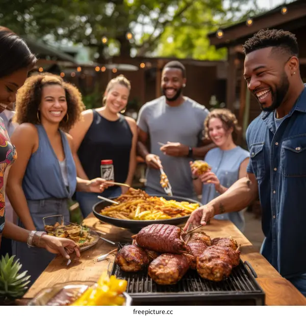 A group of friends are having a barbecue in the backyard.