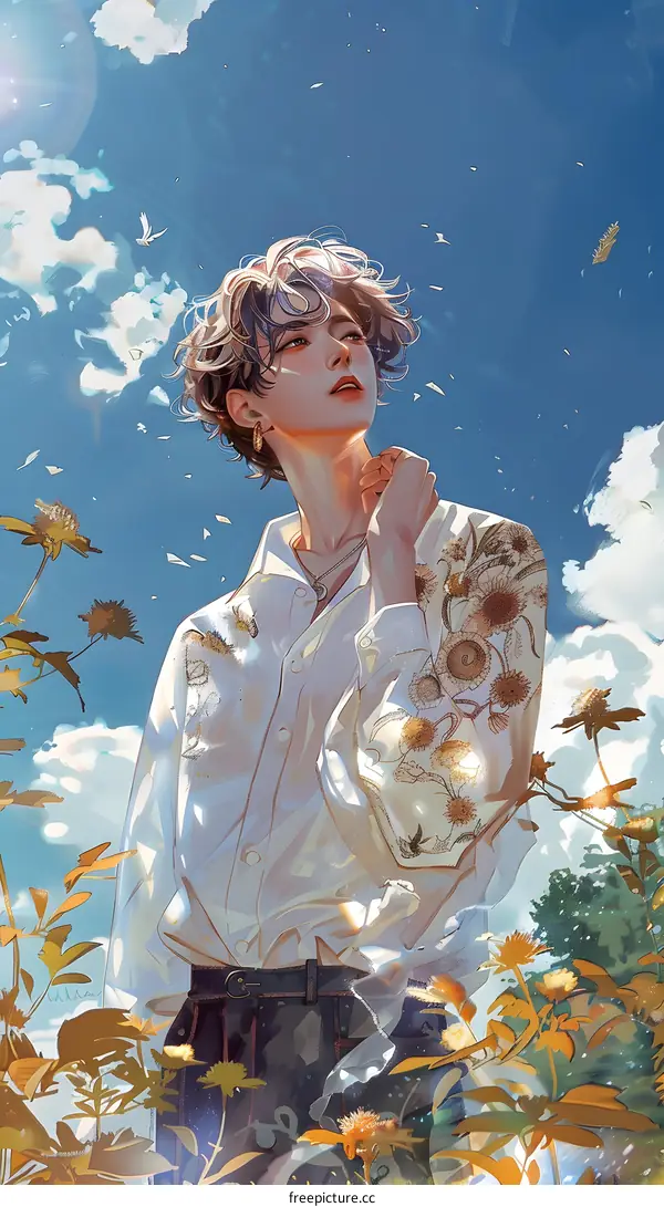 Man in White Shirt Looking Up at the Sky in Field of Flowers