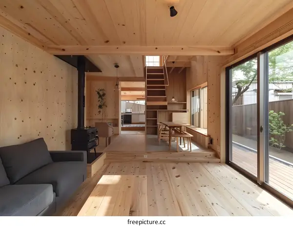 Modern Japanese Home Interior Design with Wood Flooring and Wooden Walls