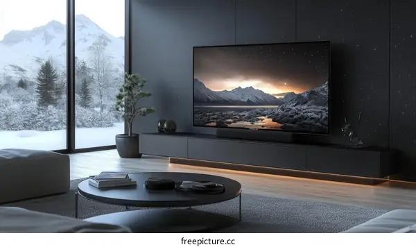 Modern Living Room with Snowy Mountain View