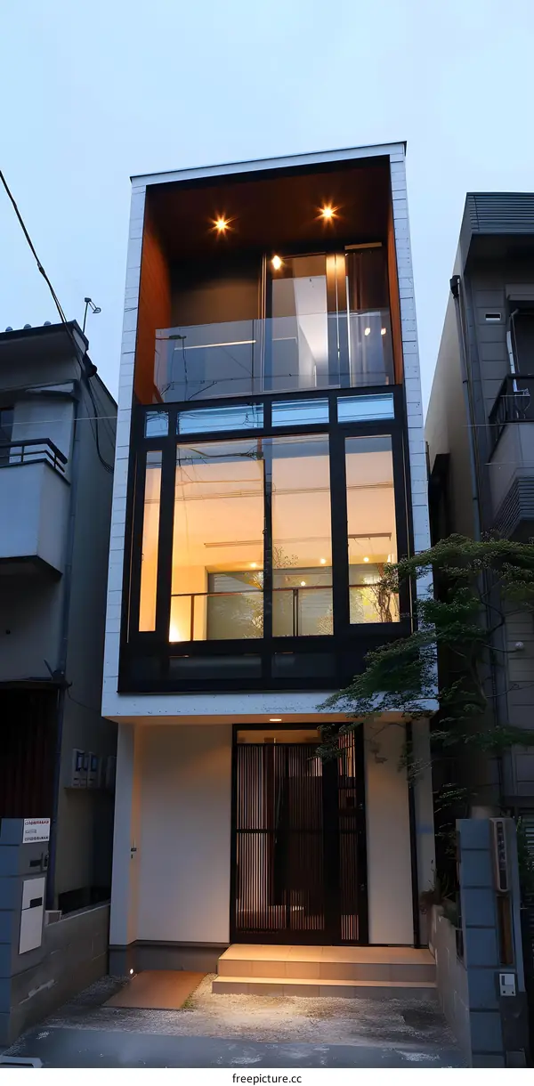 Modern Japanese House with Large Windows and Balcony