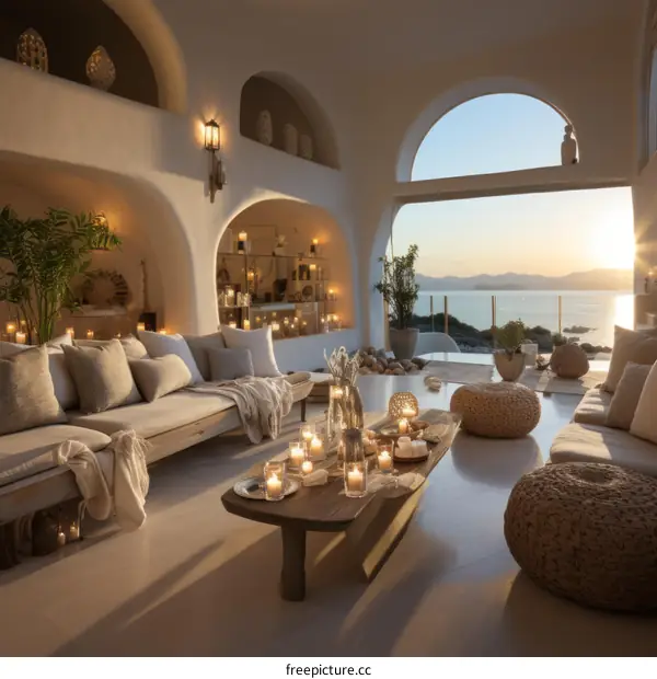 Modern luxury villa interior with stunning sea view