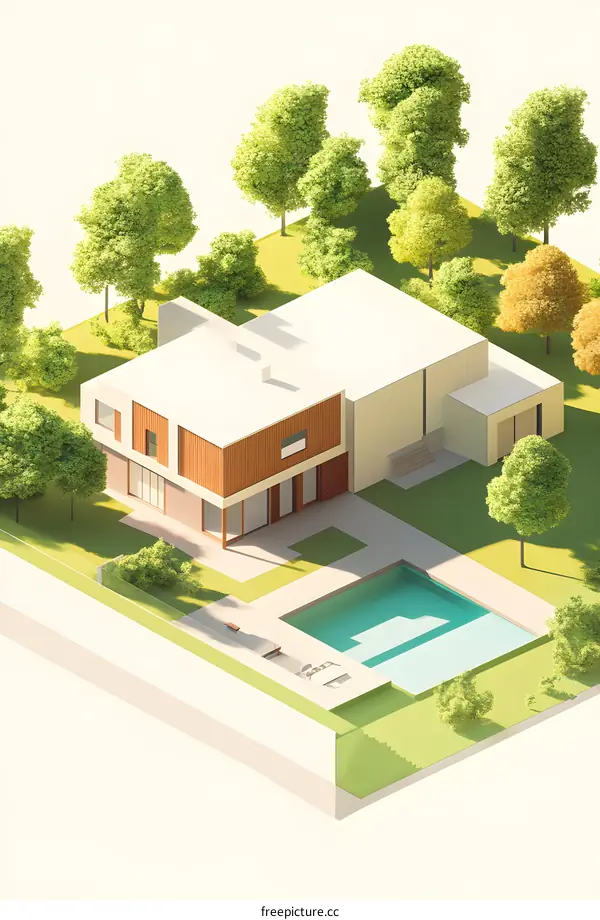 Modern House with Pool and Green Trees in Isometric View
