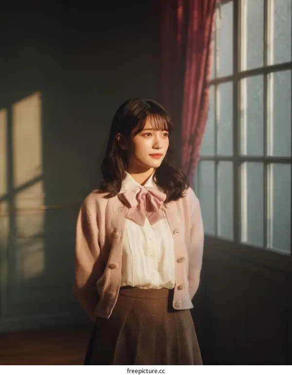 Elegant Woman in Pastel-Colored Outfit by the Window