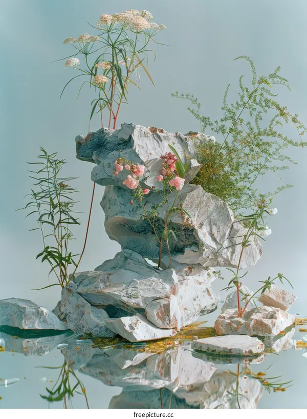 Blue Background Still Life: Plants Thriving on Rocks