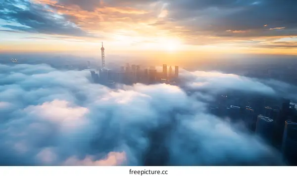 Sunrise City Above the Clouds Aerial View