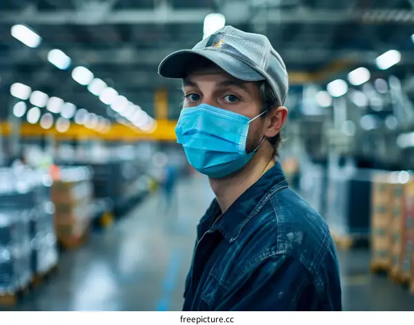 Portrait of a male wearing a surgical mask in a factory
