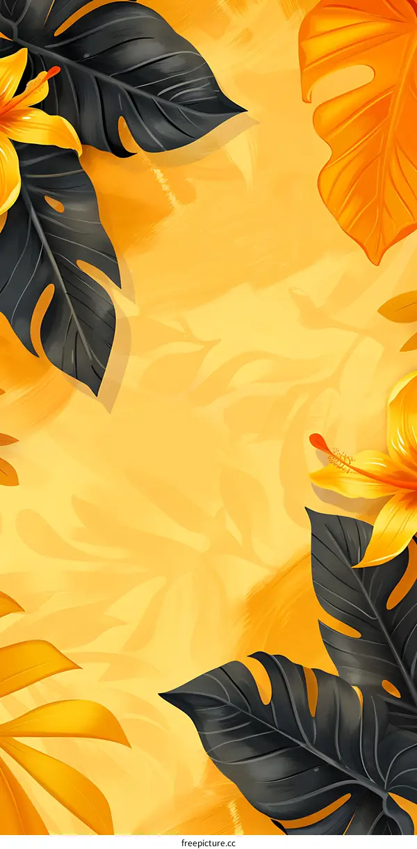 Tropical Leaves Illustration with Yellow Flowers on Yellow Background
