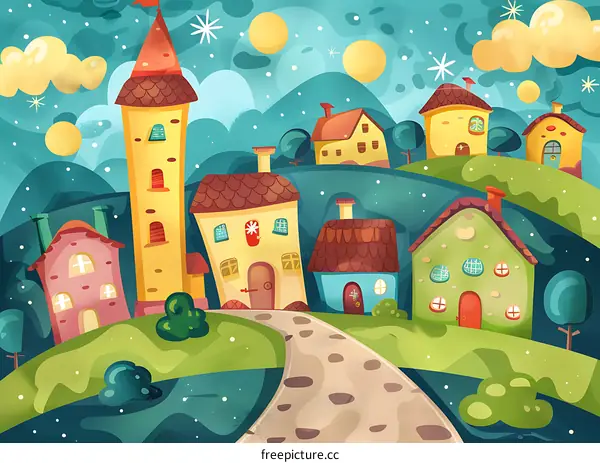 Cartoon Village with Houses and a Tower