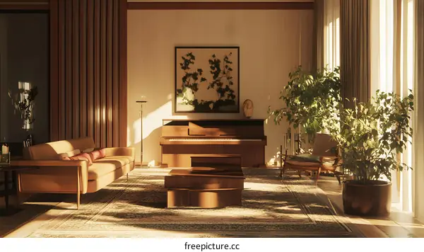 Modern Interior Design with a Grand Piano and Sunbeams