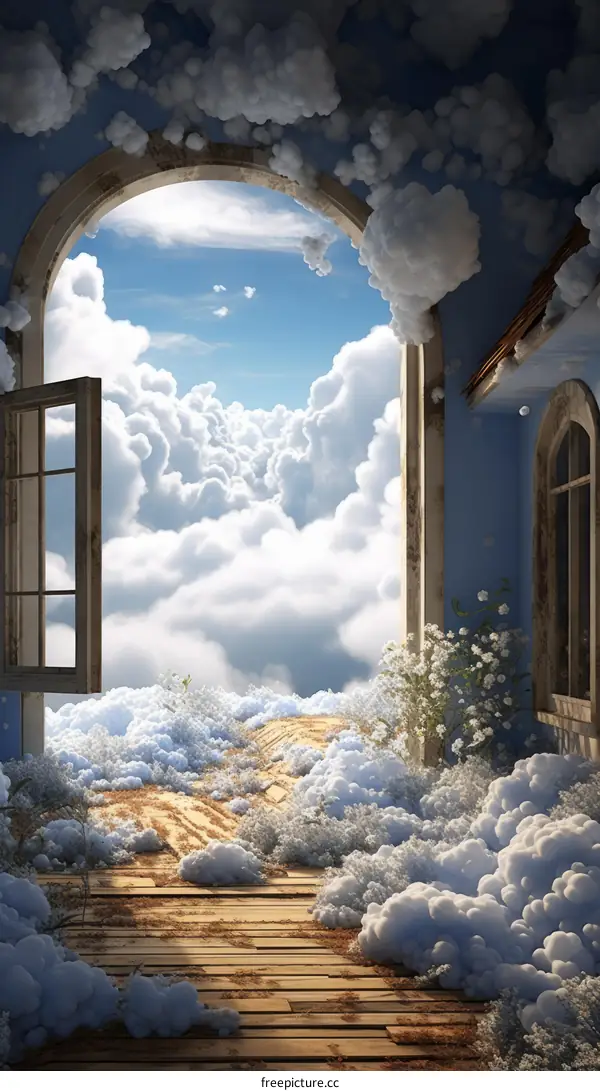 Surrealism painting of a room with a door open to a cloudy sky