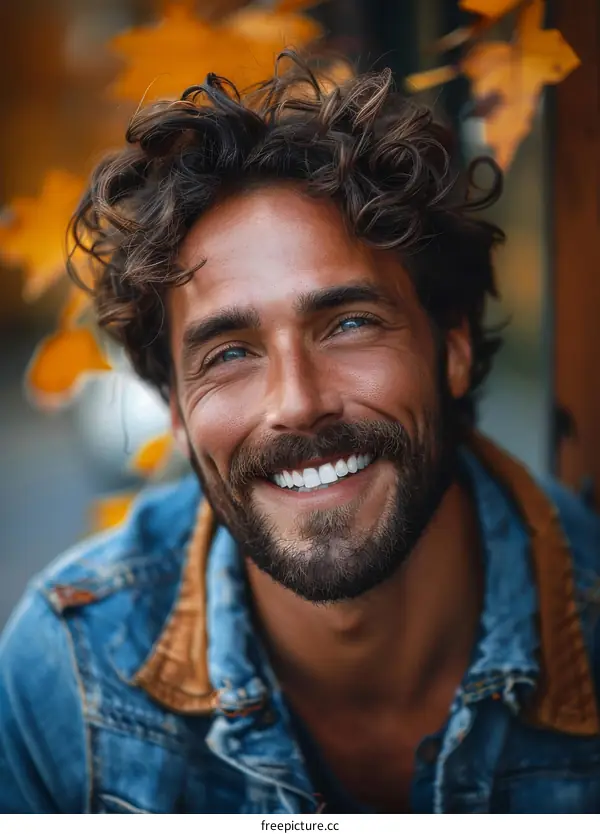 Closeup Portrait of a Smiling Man with Curly Hair