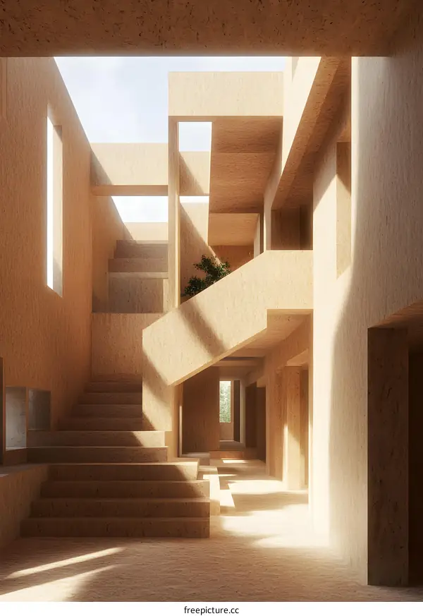 Modern Minimalist Architecture with Wooden Stairs and Natural Light