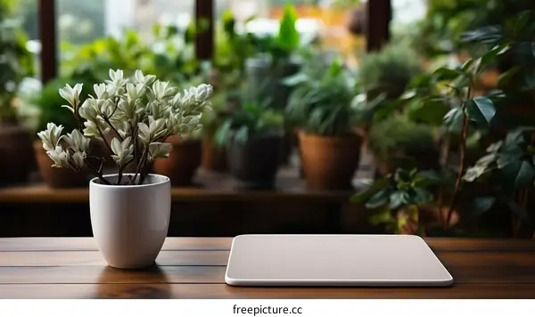 Peaceful Indoor Garden with White Potted Flowers and Tablet