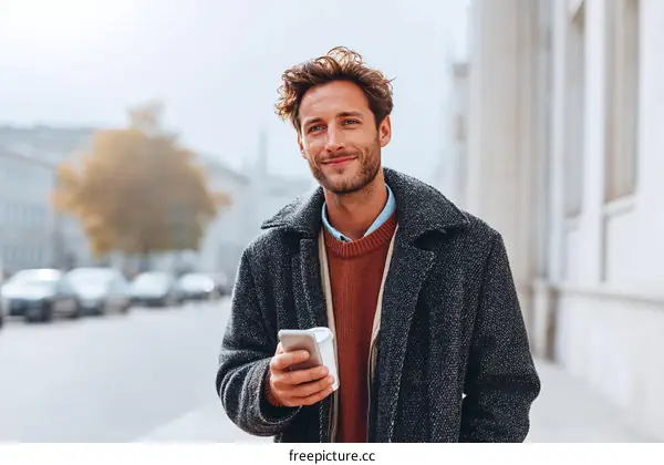Smiling Man Using Smartphone in City Street