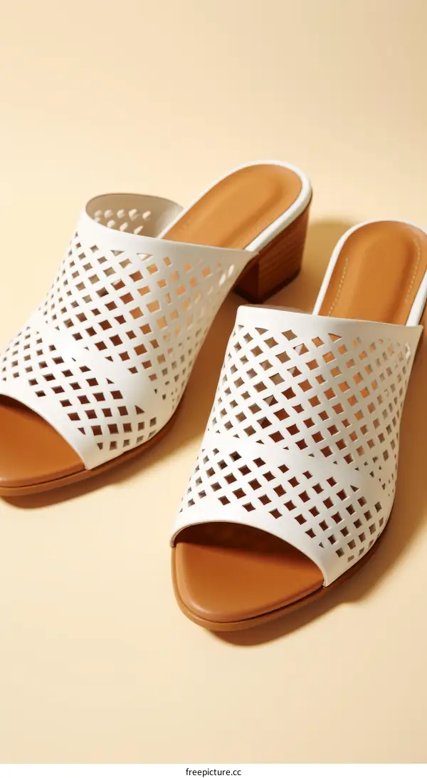 White Leather Geometric Cutout Open Toe Slide Sandals with Brown Heel