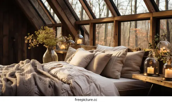 A cozy bedroom with a view of the forest