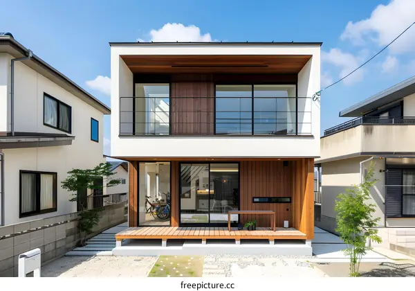 Modern White and Wood Two Story Home with a Balcony