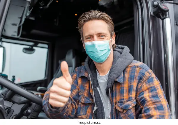 Truck Driver Wearing Mask Giving Thumbs Up