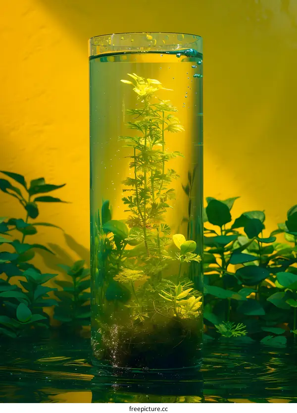 Aquatic Plant in Glass Vase on Yellow Background